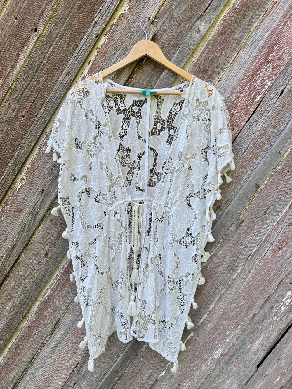 TAJ by Sabrina Crippa White Butterfly Lace Kimono Tassel Boho Cover Up XS